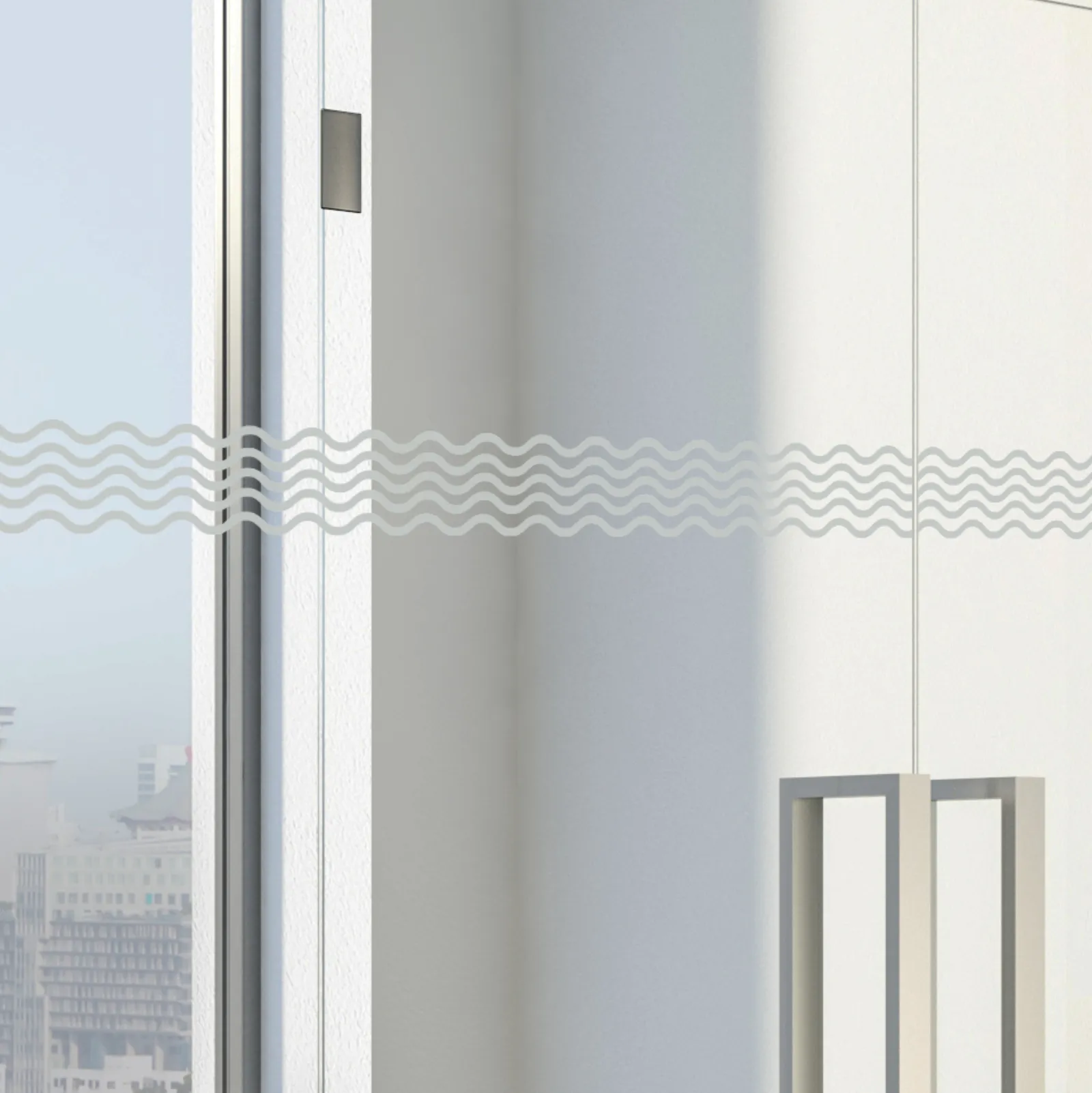 Simulation : porte vitrée à poignées verticales traversée d’une fine ligne en zigzag (vue 2)