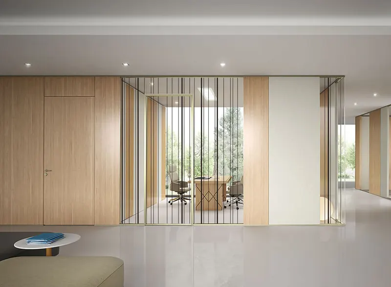 Simulation : paroi vitrée d’un hall rayée de fines lignes verticales de largeurs variées
