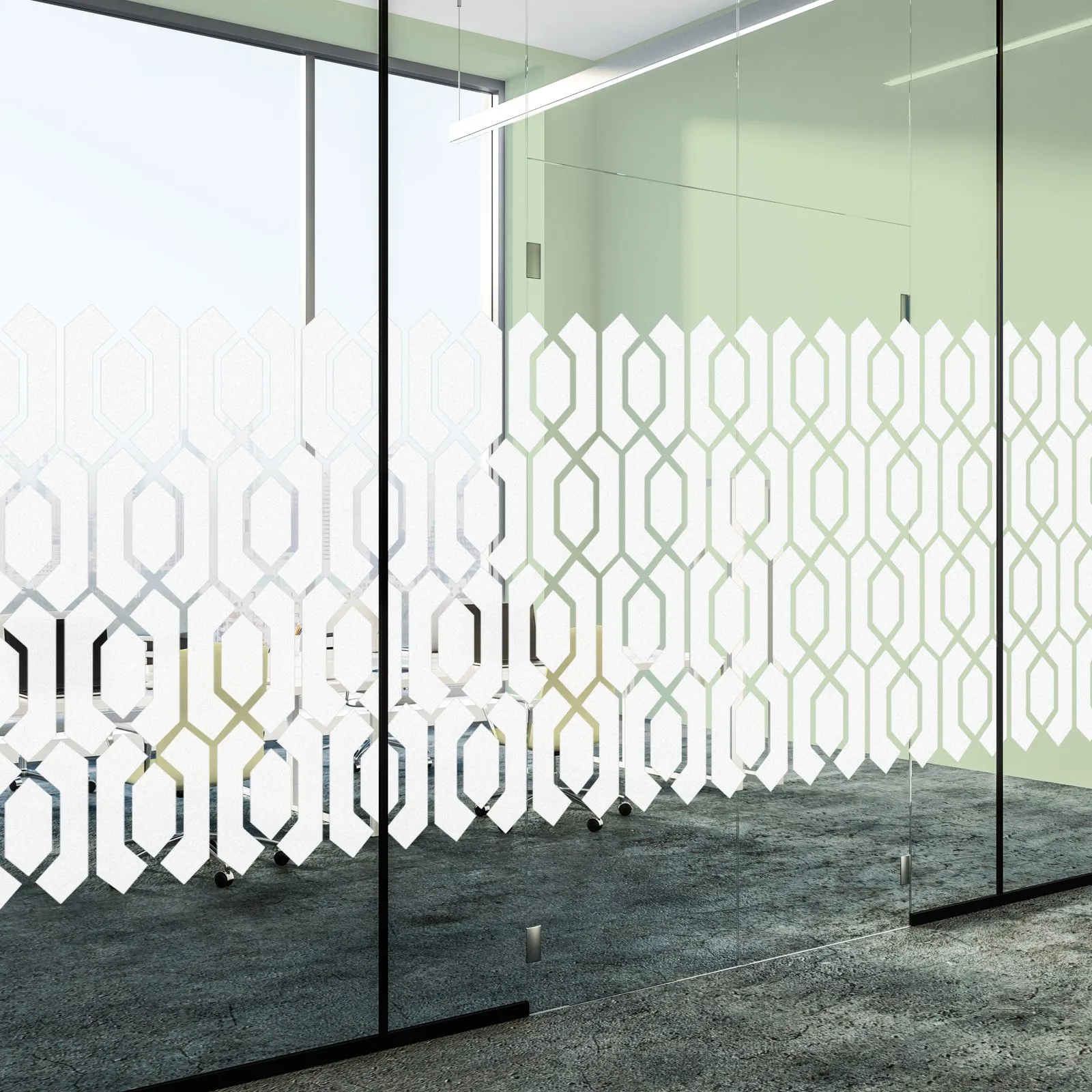 Simulation : paroi vitrée avec une grille blanche d’hexagones étirés sur la moitié basse