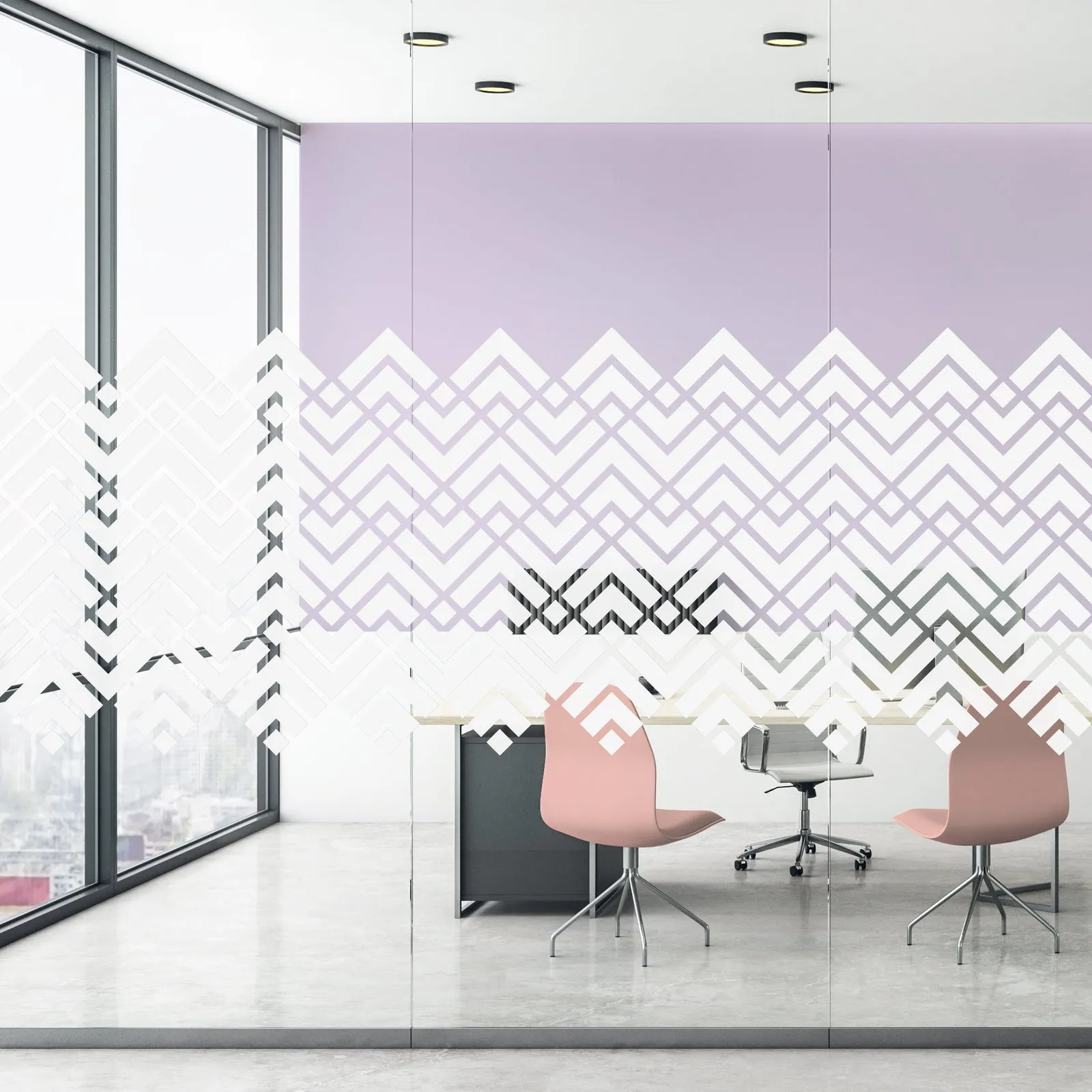 Simulation : bureau vitré avec une bande de chevrons blancs en zigzag qui se fragmente en losanges
