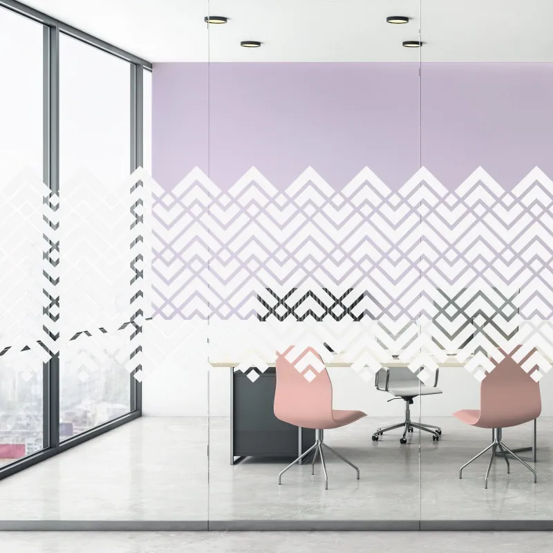 Simulation : bureau vitré avec une bande de chevrons blancs en zigzag qui se fragmente en losanges