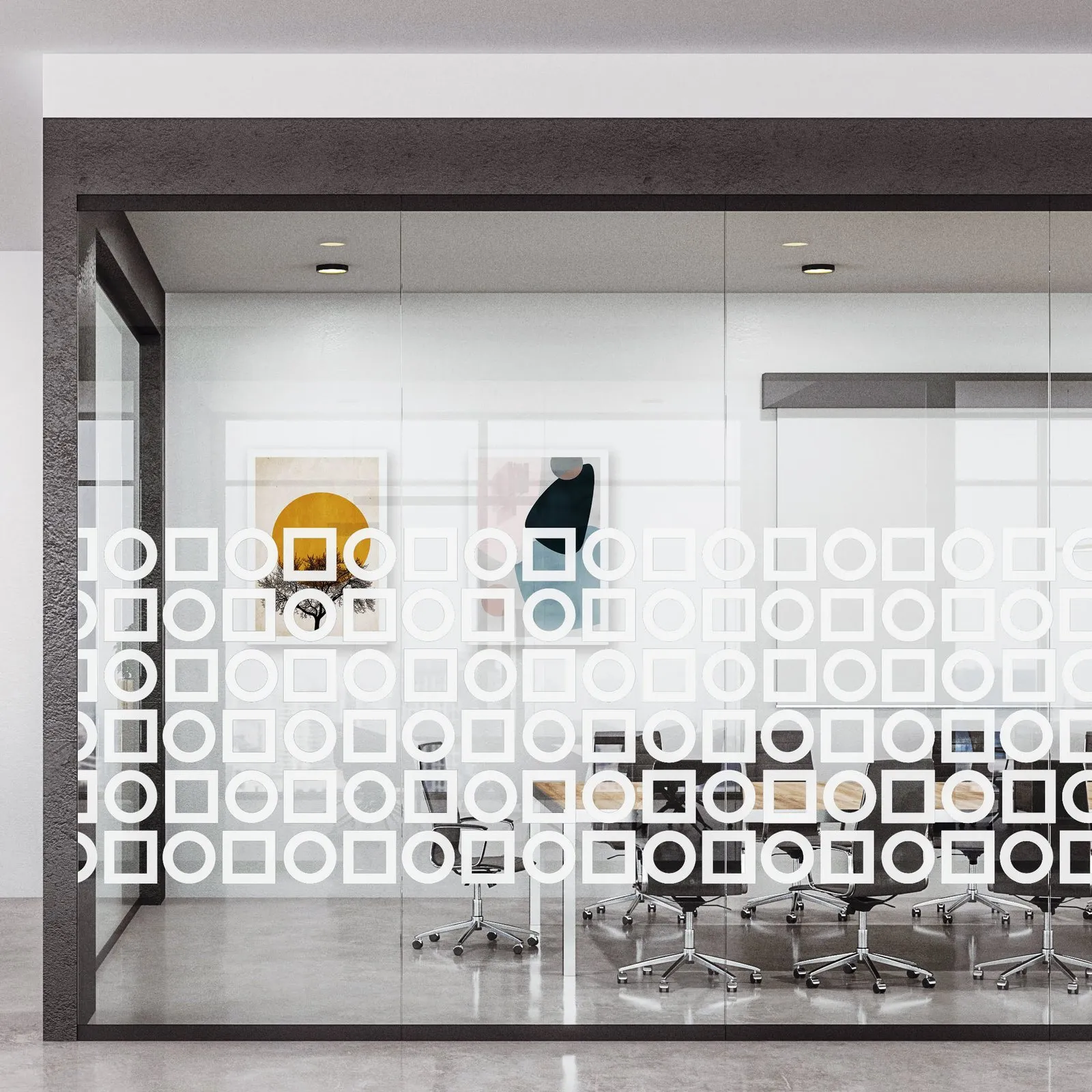 Simulation : salle de réunion vitrée avec une grille de cercles et de carrés blancs évidés