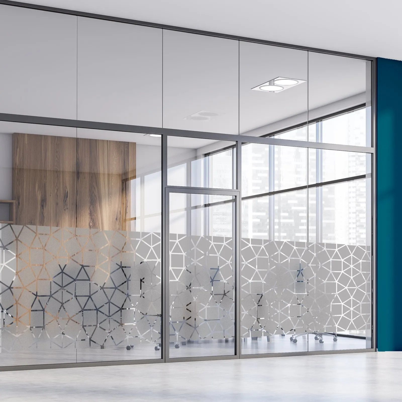 Simulation : cloison vitrée et porte avec une bande basse de polygones dépolis en mosaïque