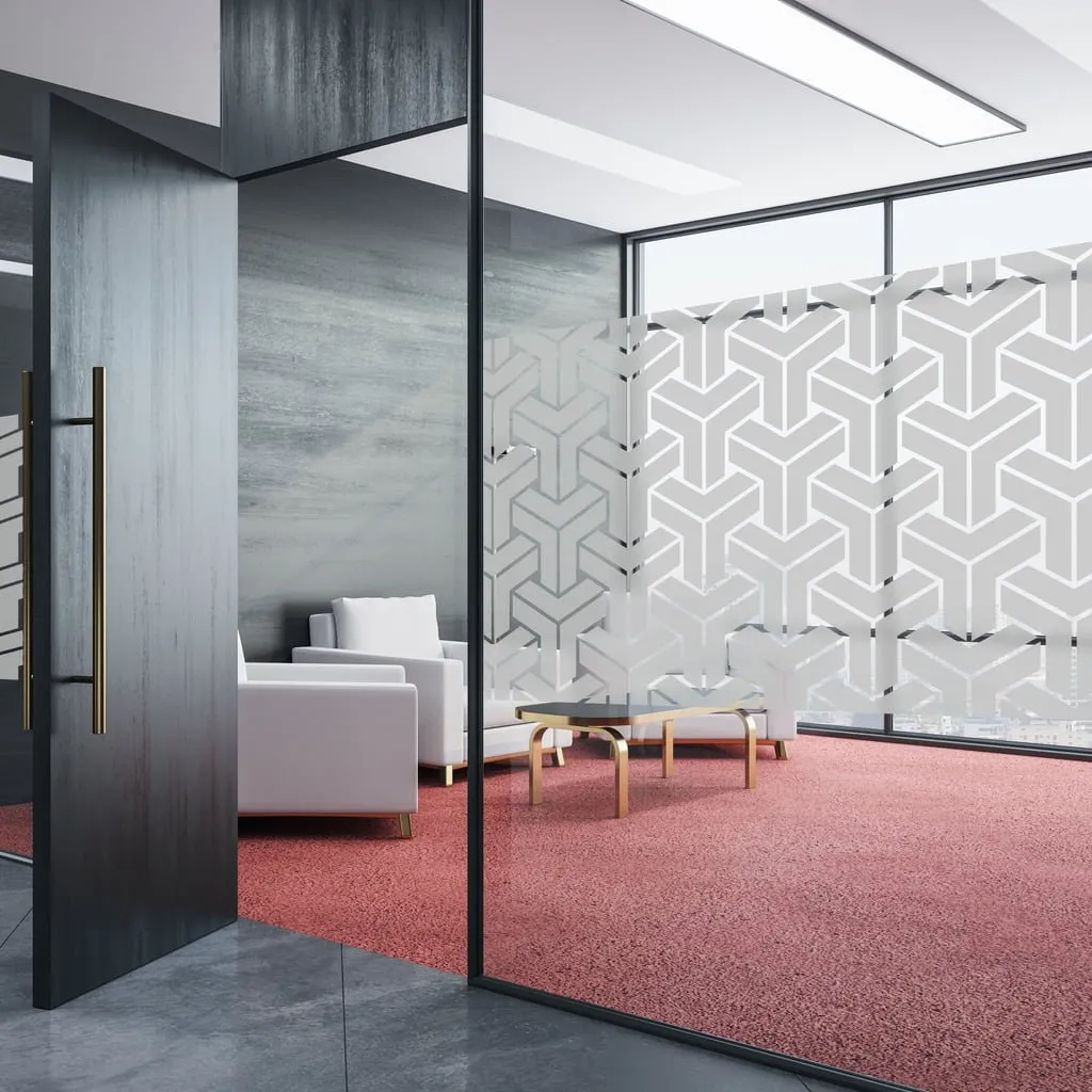 Simulation : paroi vitrée d’un salon avec une bande de Y imbriqués formant des cubes en relief